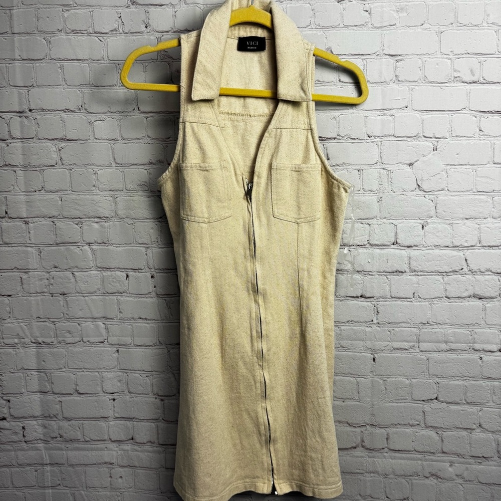 Vici neutral beige safari zip up sleeveless mini dress medium bodycon retro chic - Picture 2 of 7
